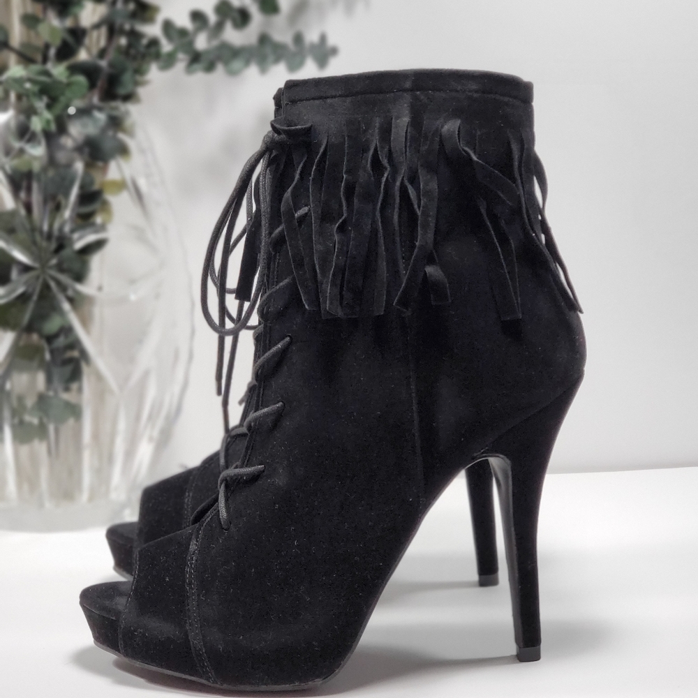 Black Suede Lace-Up Front Peep-Toe Fringe Boot
